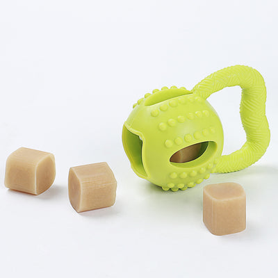 Green kettlebell-shaped TPR dog toy with a textured handle, nubs for molar cleaning, and a treat-dispensing opening. - Image 2