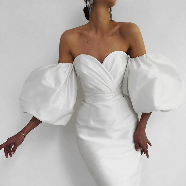 Vestido Ajustado Midi con Mangas Globo y Cintura Envolvente