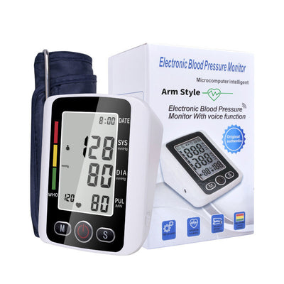 White electronic arm blood pressure monitor with large digital display and dark blue cuff, next to its product box. - Image 7
