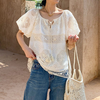 Blusa de Encaje Bordada Manga Corta - Diseño Exclusivo Francés Talla S
