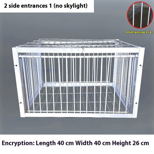 White wire pigeon cage with two side entrances and a skylight, measuring 60x40x26 cm with 2cm wire spacing. - Image 8