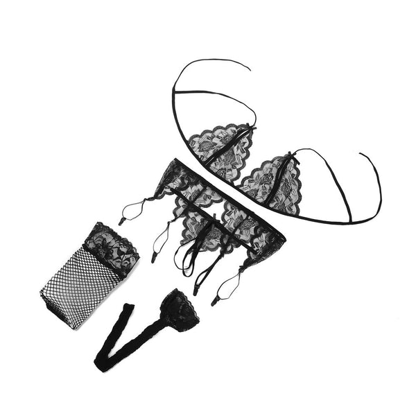Conjunto de 4 Piezas: Liguero de Encaje, Medias de Malla y Ropa Interior Sensual