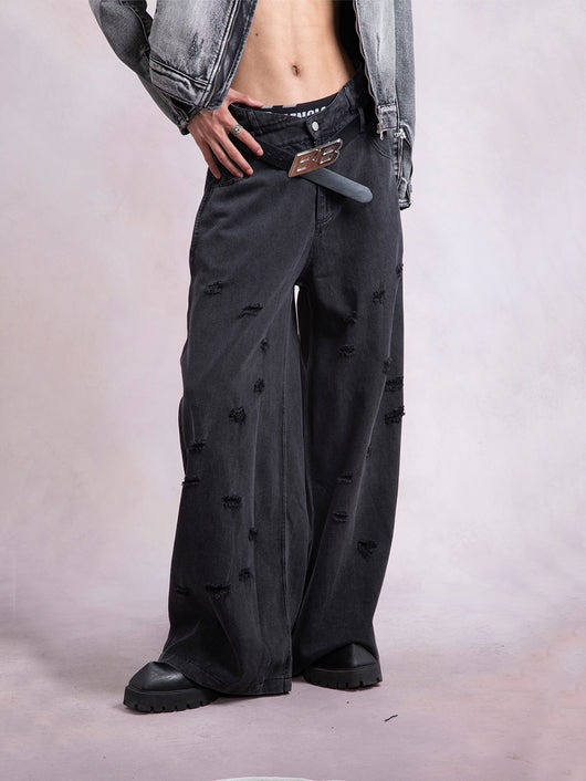 Pantalones Anchos con Diseño Irregular Roto - Image 2