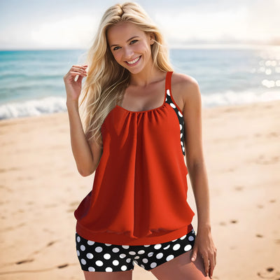 Women's two-piece swimsuit with a turquoise tankini top and black boxer bottoms with turquoise polka dots. - Image 21