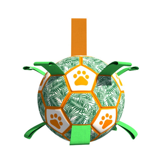 Interactive pet football toy with green palm leaves, orange paw prints, grab tabs, and a ball pump. - Image 6