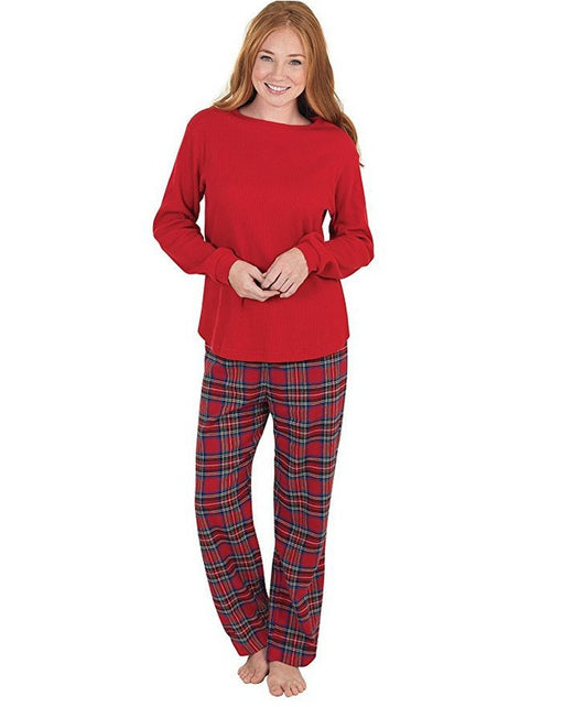 Man wearing a red long-sleeve pajama top and red plaid pajama pants, suitable for Christmas or holiday loungewear. - Image 3