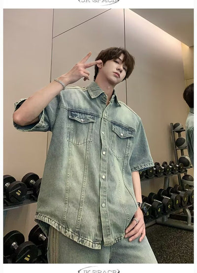 Camisa Denim Retro con Tres Rayas Laterales para Hombre - Image 11