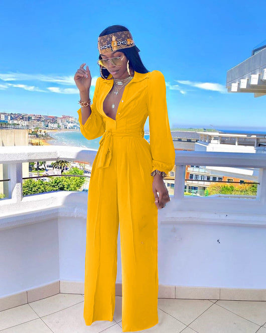 Jumpsuit Casual de Color Liso con Cuello Camisero y Cinturón - Image 11