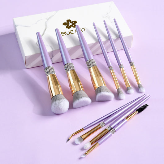 Set de 10 Brochas de Maquillaje Púrpura Lila con Detalles de Diamante