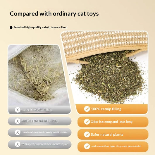 Beige and off-white woven catnip pillow toy, 34cm long and 9.5cm wide, with soft beige trim. - Image 9
