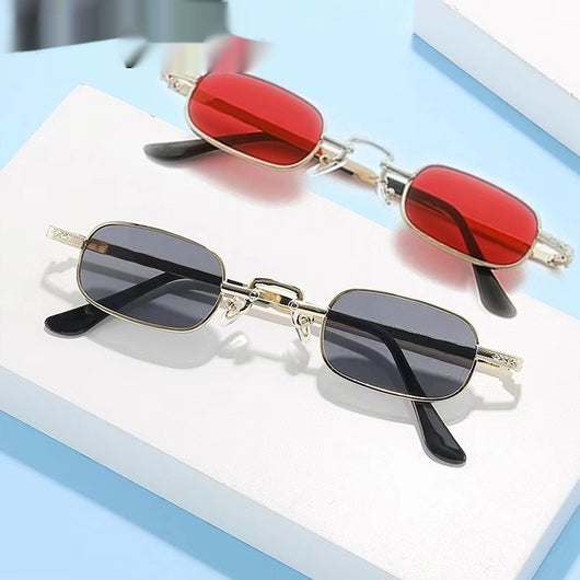 Trendy rectangular sunglasses with gold metal frames and brown lenses, shown from front and a 45-degree angle.