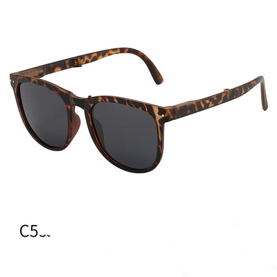 Light brown foldable women's sunglasses with round frames and brown polarized lenses on a white background. - Image 4