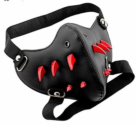 Black leather half-face mask with brass chains, spikes, and gear accents, featuring adjustable elastic straps. - Image 23