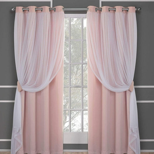 Dark blue double layer shading curtains with white sheer lace overlays, hung on a silver grommet rod.