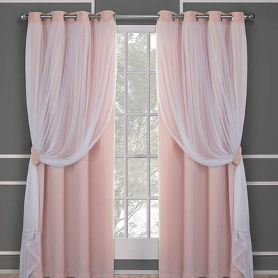 Dark blue double layer shading curtains with white sheer lace overlays, hung on a silver grommet rod.