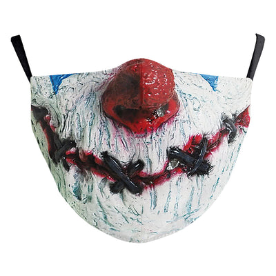 Halloween funny horror face dust mask with a scary clown print, red nose, wide red lips, and yellowed teeth. - Image 13