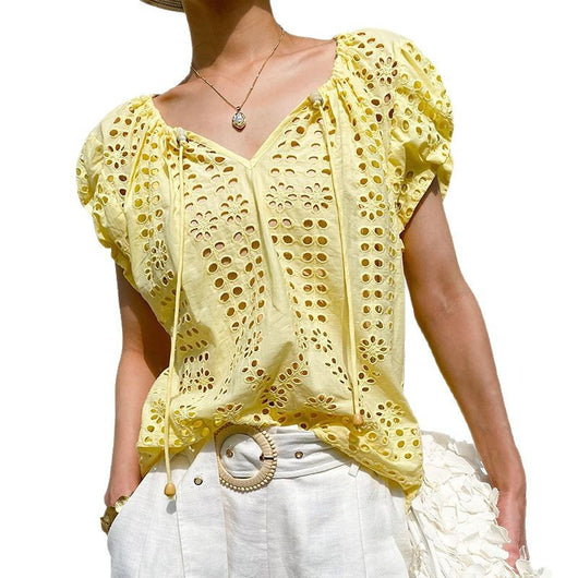 Blusa Bordada Estilo Vacacional Manga Corta Diseño Francés de Verano - Image 5