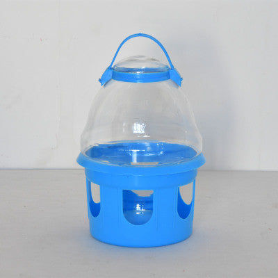 Transparent pet drinker with a light blue base and handle, designed for chickens or small birds. - Image 8