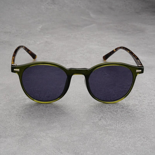 Fashionable round-frame sunglasses with transparent gray frames and dark gray lenses on a gray surface. - Image 16