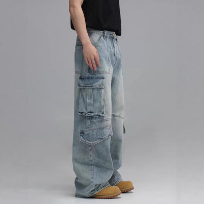 Pantalones Vaqueros de Trabajo Multibolsillos Lavados - Corte Ancho Casual para Hombre - Image 3