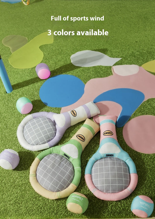 Plush dog toy set featuring a green and beige tennis racket (29cm) and a matching 6cm tennis ball. - Image 17