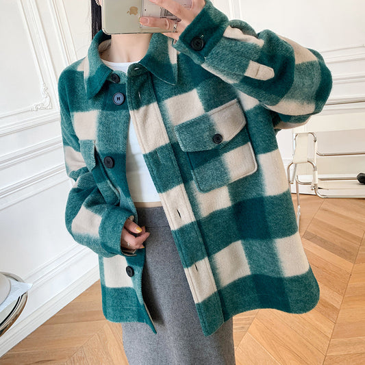 Abrigo de Lana a Cuadros Unisex con Cuello de Camisa - Diseño Holgado y Versátil - Image 2