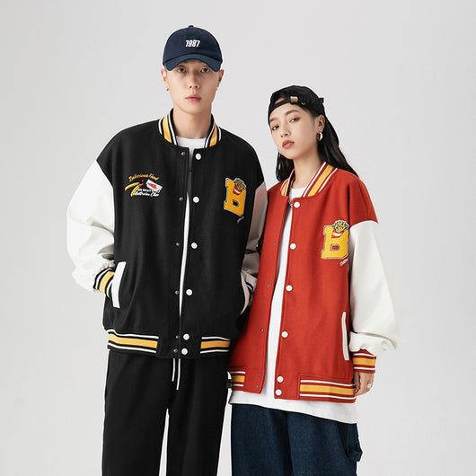 Chaqueta de Béisbol Holgada Unisex con Bordado de Papas Fritas - Image 12