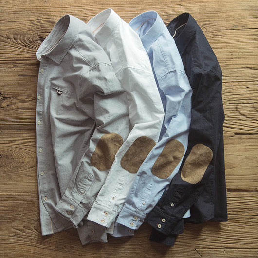 Camisa Slim Fit Retro para Hombre con Parches de Gamuza y Costuras Decorativas
