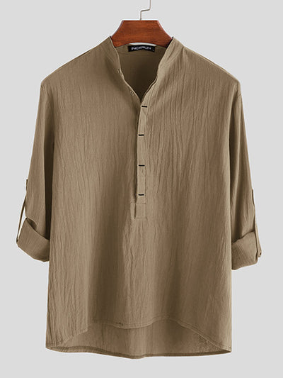 Camisa Holgada de Algodón y Lino Color Sólido Manga Larga - Image 9