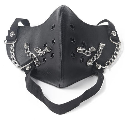 Black leather half-face mask with brass chains, spikes, and gear accents, featuring adjustable elastic straps. - Image 27