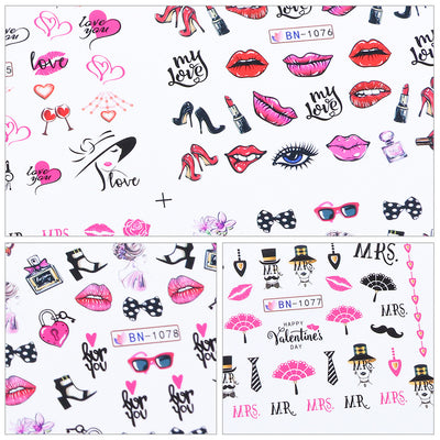 Set de Stickers de Uñas Adhesivas Diseño Osito Amor, Labios Rojos y Marca de Agua - Image 8