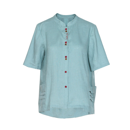 Blusa Vintage de Lino con Cuello Parado para Mujer - Image 5