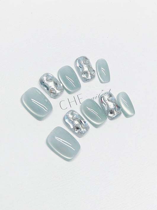 Uñas Postizas Personalizadas Ojo de Gato Cuadrado Azul Verano - Image 7