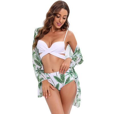 Traje de Baño Bikini Tres Piezas con Pareo Mesh y Cintura Alta - Image 3