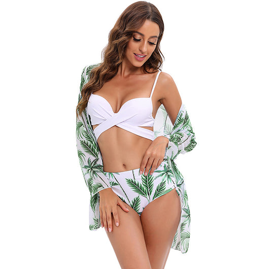 Traje de Baño Bikini Tres Piezas con Pareo Mesh y Cintura Alta - Image 3