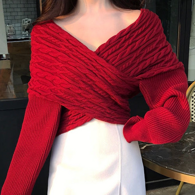 Suéter Retro con Escote en V y Detalle Trenzado - Estilo Coreano para Mujer - Image 4