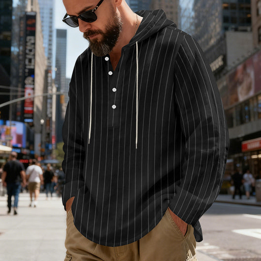 Camisa Lino Holgada Talla Grande Hombre a Rayas con Capucha - Image 24