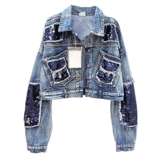 Chaqueta Denim Corta con Lentejuelas para Mujer - Manga Corta Estilo Industrial