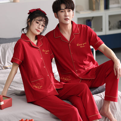 Matching red cotton couple pajamas with short sleeves, long pants, gold piping, and "Love you Dnaw" embroidery. - Image 4