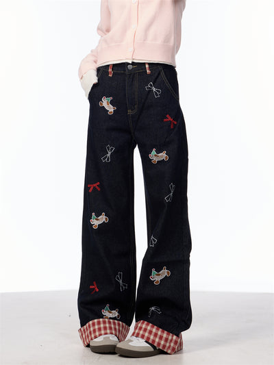 Jeans de Pierna Ancha Cintura Alta con Bordado de Moño Vintage - Image 23