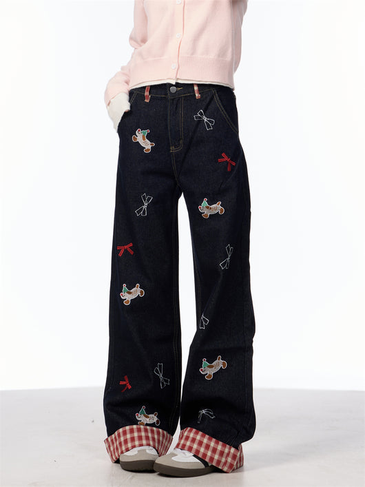 Jeans de Pierna Ancha Cintura Alta con Bordado de Moño Vintage - Image 23