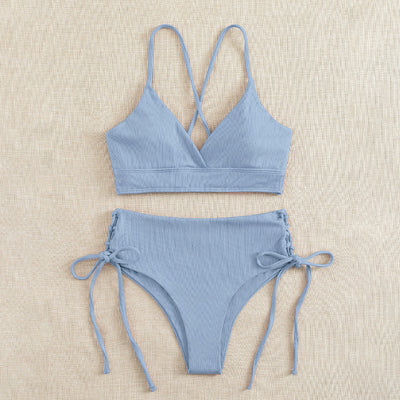 Light green ribbed bikini set with a V-neck bralette top and high-waisted bottoms featuring side tie details. - Image 19