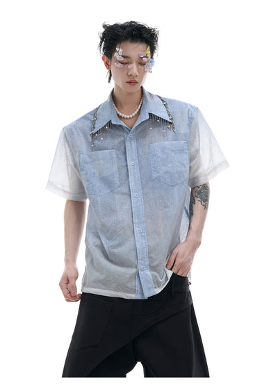 Camisa Manga Corta Hombre Degradado Azul y Blanco Oversize - Image 9