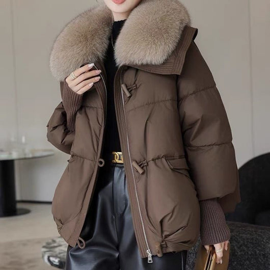 Abrigo Acolchado de Plumón con Cuello de Piel para Mujer - Chaqueta Corta Térmica Invierno - Image 7