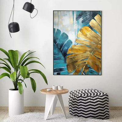 Cuadro Óleo Artesanal Hojas de Plátano Verde y Dorado - Arte de Pared sin Marco - Image 5