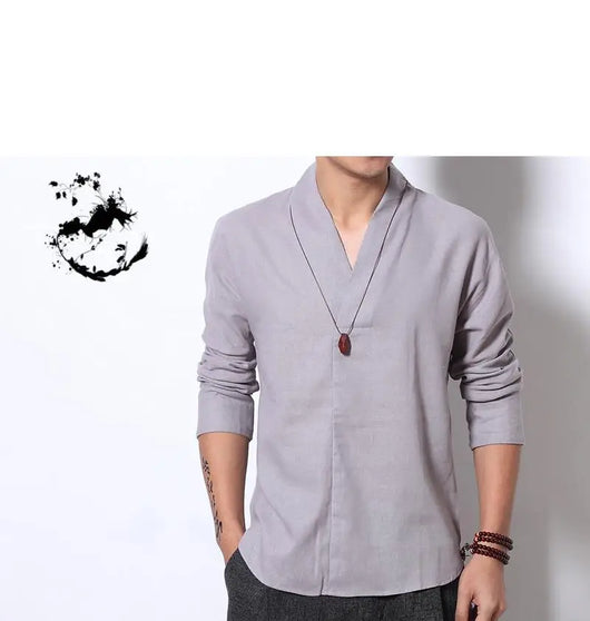 Camisa Lino Manga Larga Estilo Chino Retro para Hombre - Image 18