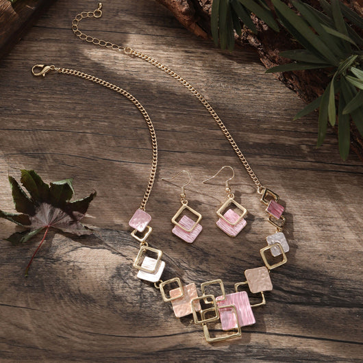Conjunto de Aretes, Pulsera y Collar con Cuadrados Geométricos Pintados en Óleo - Image 9