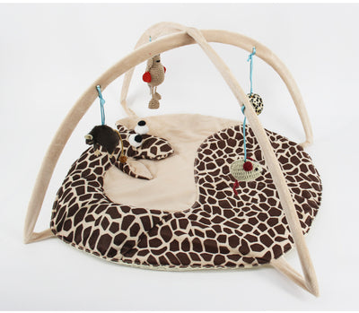 Giraffe print cat playing bed with a plush mat, an overhead arch, and hanging crocheted bird, spotted ball, and mouse toys. - Image 5