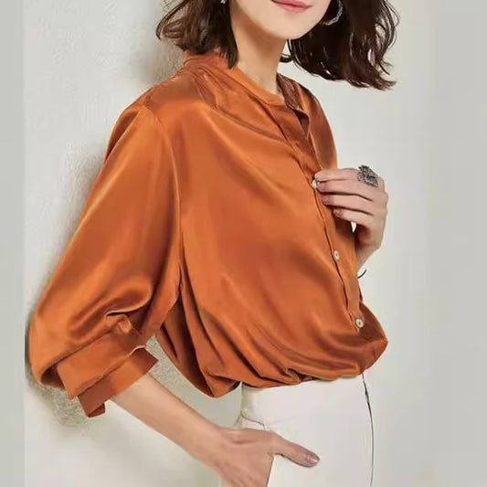 Blusa de Seda Suelta y Desenfadada Estilo Francés para Mujer Otoño