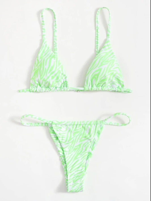 Pink and orange zebra print two-piece bikini with triangle top and high-cut tie-side thong bottom. - Image 2